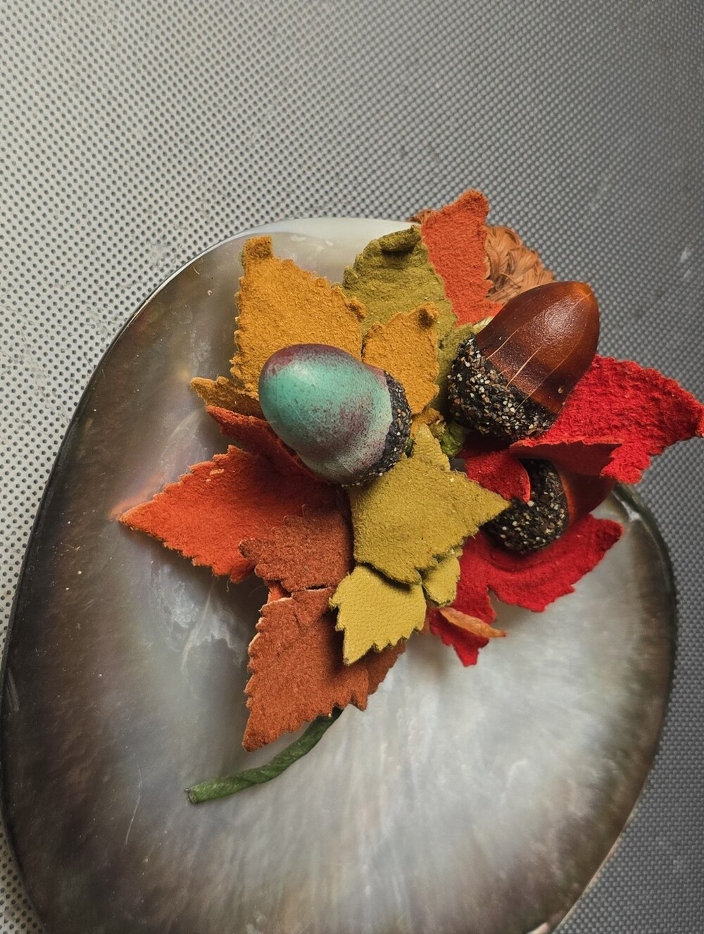 Handcrafted Autumn Leaf & Acorns Red,Orange, Yellow, Green Turquoise Brooch Pin